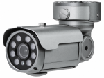 Left-side product view of the Eyemax TIR-M2332V-B 1080p HD-TVI outdoor bullet camera with eight COB infrared LEDs, an IP68-rated housing, and a motorized 2.8–12 mm varifocal lens.