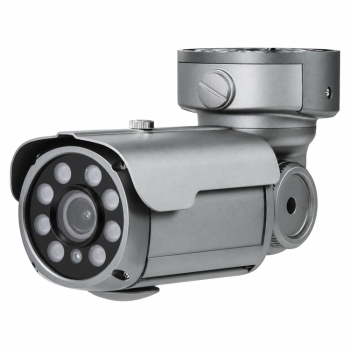 Left-side product view of the Eyemax TIR-M2332V-B 1080p HD-TVI outdoor bullet camera with eight COB infrared LEDs, an IP68-rated housing, and a motorized 2.8–12 mm varifocal lens.