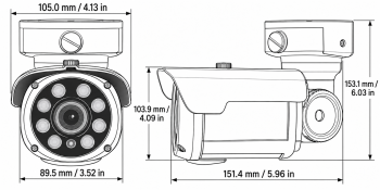 Eyemax TIR-M2332V-B bullet camera dimensions in millimeters and inches