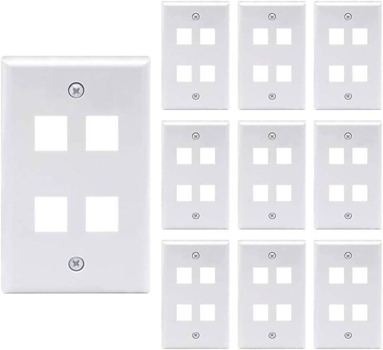 CN-FP04T001-W (10 Pack) a single-gang wall plate with a standard size 4-port keystone jack insert. This wall plate is made with durable plastic to ensure a fast and easy installation.