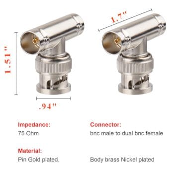 CN-TB1134 BNC Splitter Adapter BNC Male to Dual BNC Female T Type Triple Jack Splitter Connector for CCTV Security Cameras Dimensions
