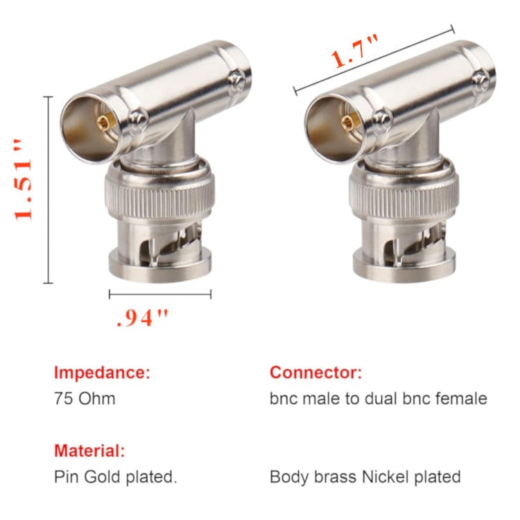 CN-TB1134 BNC Splitter Adapter BNC Male to Dual BNC Female T Type Triple Jack Splitter Connector for CCTV Security Cameras Dimensions
