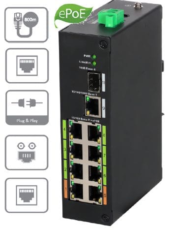 Dahua DH-LR2110-8ET-120 8-Port ePoE Switch Delivers Power and Data Over Long Distances Without Repeaters Or Extra Switches Dahua's Innovative ePoE System Makes It Easy!