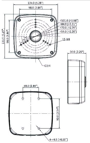 Dahua DH-PFA122 Waterproof Aluminum Black or White Junction Box for Outdoor Use, Compatible with Dahua A42AC2Z-B 4MP CVI Bullet Cameras. Max Load Capacity 6.6 Lb. (2.99 Kg). IP66 Rated Dimensions.