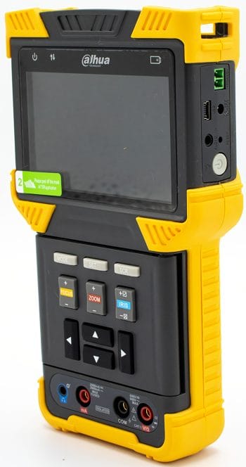 Dahua DH-PFM900-E is an Easy-To-Use Security Tester with A 4-In IPS Screen, QWERTY Keyboard, And Dual Codecs. Get The Most Out of Your Surveillance System With POE+ And 12 VDC Power Output Angle View