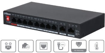 Dahua DH-PFS3010-8ET-96 10-Port Fast Ethernet PoE + Switch Offers 60W PoE Power Budget, 8 Fast Ethernet PoE + Ports, Dual Gigabit Ethernet Uplink Ports, And 820' Power And Data Transmission Range.