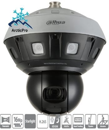 Dahua DH-PSDW81642M-A360 Panoramic Multi-sensor plus PTZ camera. Get a 360° panorama and detailed region of interest up to 1312ft (399.9 m) away. IP66 Ingress Protection and H.265/H.264