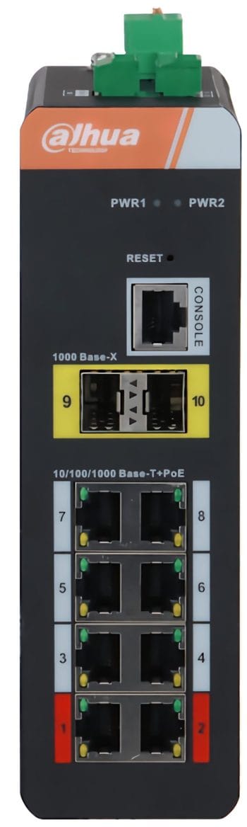 Dahua DH-PFS4210-8GT-DP 8-port Gigabit PoE Industrial Switch with Hi-PoE, Layer 2 managed, rich features, IP40-rated, dual power input, wide temp range, EFT and ESD protection. Perfect for outdoor security