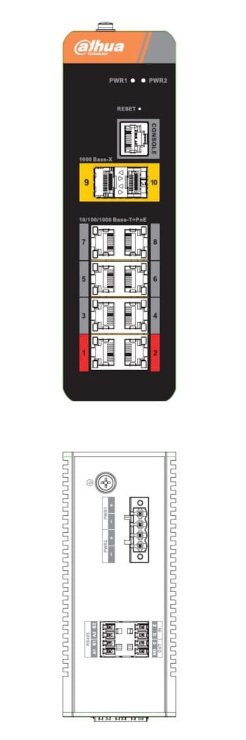 Dahua DH-PFS4210-8GT-DP 8-port Gigabit PoE Industrial Switch with Hi-PoE, Layer 2 managed, rich features, IP40-rated, dual power input, wide temp range, EFT and ESD protection. Perfect for outdoor security