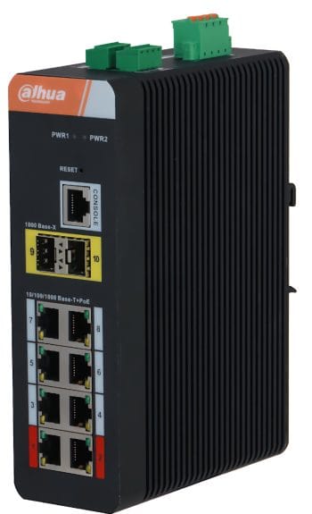Dahua DH-PFS4210-8GT-DP 8-port Gigabit PoE Industrial Switch with Hi-PoE, Layer 2 managed, rich features, IP40-rated, dual power input, wide temp range, EFT and ESD protection. Perfect for outdoor security