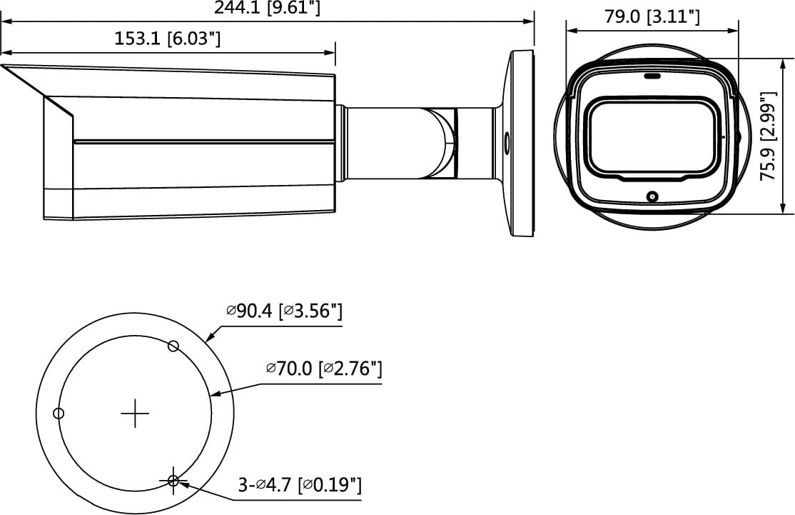 Dahua A22CFAZ 2Megapixel IR Varifocal HDCVI Bullet Dimensions (mm/in.)