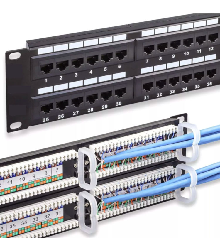The Collsam CN-KD-PP5-06 is a wall-mountable 19-inch CAT5e patch panel with 48 ports, designed for 2U height when rack-mounted, and utilizing 110 punch down terminations.