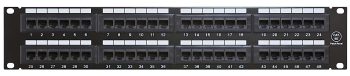 The Collsam CN-KD-PP5-06 is a wall-mountable 19-inch CAT5e patch panel with 48 ports, designed for 2U height when rack-mounted, and utilizing 110 punch down terminations Front View.