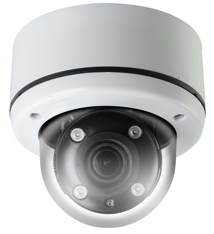 Eyemax TIV-MB4332V-W, a vandal-proof outdoor dome camera with 4MP resolution, 98 ft (29.87 m) night vision, and 4-in-1 video output.
