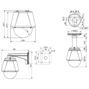 Eyemax 1080P 2 Megapixel UPT-1330-C HD-SDI EX-SDI In Outdoor High Speed PTZ (Pan, Tilt, Zoom) Camera X360 Dual Power with Ceiling Mount Dimensions
