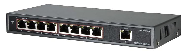 HA-PW1609-8P is an 8 RJ-45 10/100M/1000M Gigabit Switch With 8 POE Injector Voltage Range DC 48V IEEE802.3x Flow Control Left View