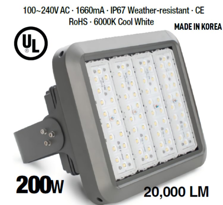 LEDVON OPC-FUL-PGS200L 200W floodlight. IP67 UL Listed, IP65 Ingress Protection, 20000 Lumens and 6000K Cool White for energy efficiency and long lifespan. Perfect for outdoor lighting needs.