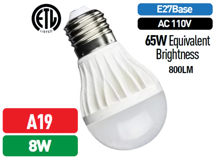 Ledvon OPC-BU-A1908 8w A19 LED bulb, featuring Epistar chip for 560 lumens, dimmable options, and 2700K warm or 6000K cool white. E27 base, 120VAC.