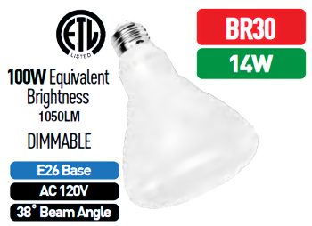 Ledvon OPC-BU-BR3014 A19 and BR30 bulbs. Choose from warm or cool white, 14 watts, and 1050 Luminous for versatile use.