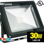 Ledvon OPC-FL-AB130A floodlight. Featuring RGBA LEDs, IP65 rating, and 30W power, perfect for architectural and entertainment use.