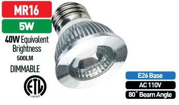 Ledvon OPC-MR16-E26C, a 110VAC 80˚ beam angle bulb with 500 lumens. Perfect for track and landscape lighting, it's energy-efficient and available in warm or cool white. Say goodbye to halogen bulbs and hello to LED technology!