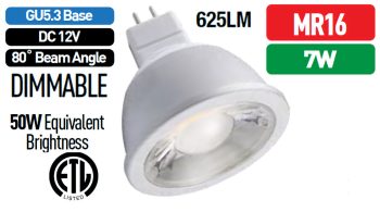 Ledvon OPC-MR16-GU53C, GU5.3 Base and 80˚ Beam Angle12VDC 7W MR16. A high-quality LED bulb that offers energy efficiency and long-lasting performance.