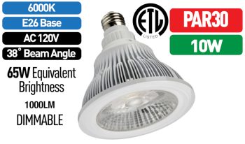 Ledvon OPC-PAR30 energy-efficient LED bulb. Equivalent to 65W, 1000 lumens, dimmable, and ETL rated. Shop now for bright, 6000K cool white light!