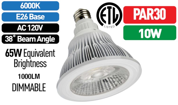 Ledvon OPC-PAR30 energy-efficient LED bulb. Equivalent to 65W, 1000 lumens, dimmable, and ETL rated. Shop now for bright, 6000K cool white light!