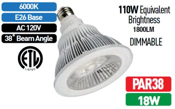 Upgrade your lighting with Ledvon energy-efficient OPC-PAR38 LED bulb. Equivalent to 110W, 1800 lumens, dimmable, and ETL rated. Shop now!
