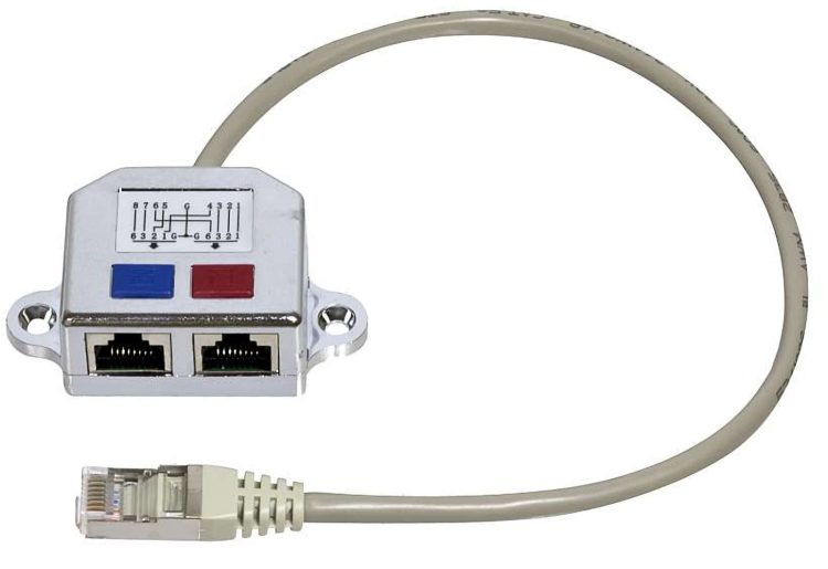 The CN-KD-CB27 Network Splitter is an RJ-45 (M) to RJ-45 (F) double shielded 2-Port Modular Distributor, Cat5e, FTP, allowing two RJ45 ports to share one Cat5e network cable network splitter silver.
