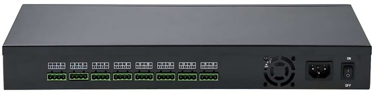 Protect your workstations and home entertainment equipment with our RA-TR-24A1620N UPS system. AC 100-240V, 16 outputs with PTC reset fuse and lightning protection Back View.