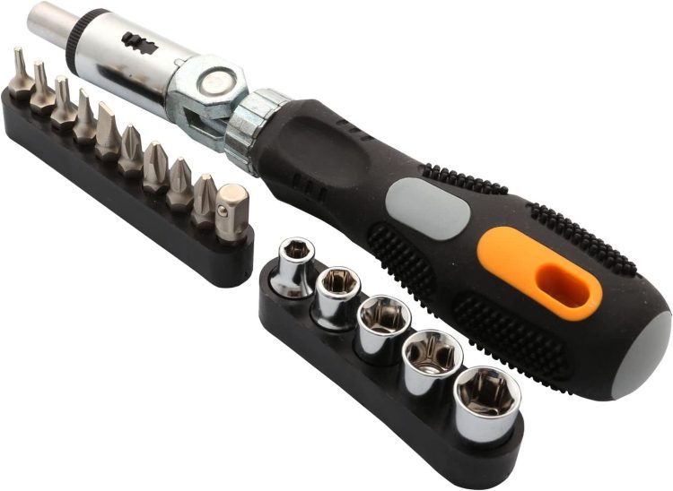 STK-8930 65 Pieces Computer Tool Kit, Slim Zipped Case Reversible Ratchet Handle 10Pcs Assorted Bits 5 Pcs Socket Set