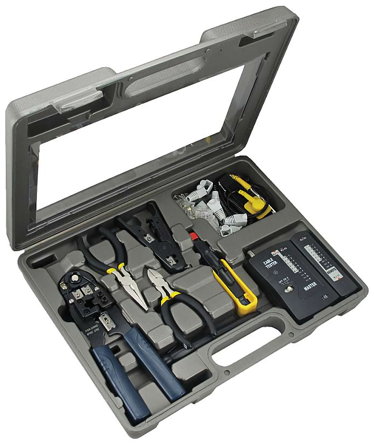Securely hold and organize your networking tools with the compact STK-9810 termination kit. Perfect for professionals and amateurs alike, it includes a RJ11/RJ45 crimper, cable data tester, and more. Durable carrying case included. Get yours now!