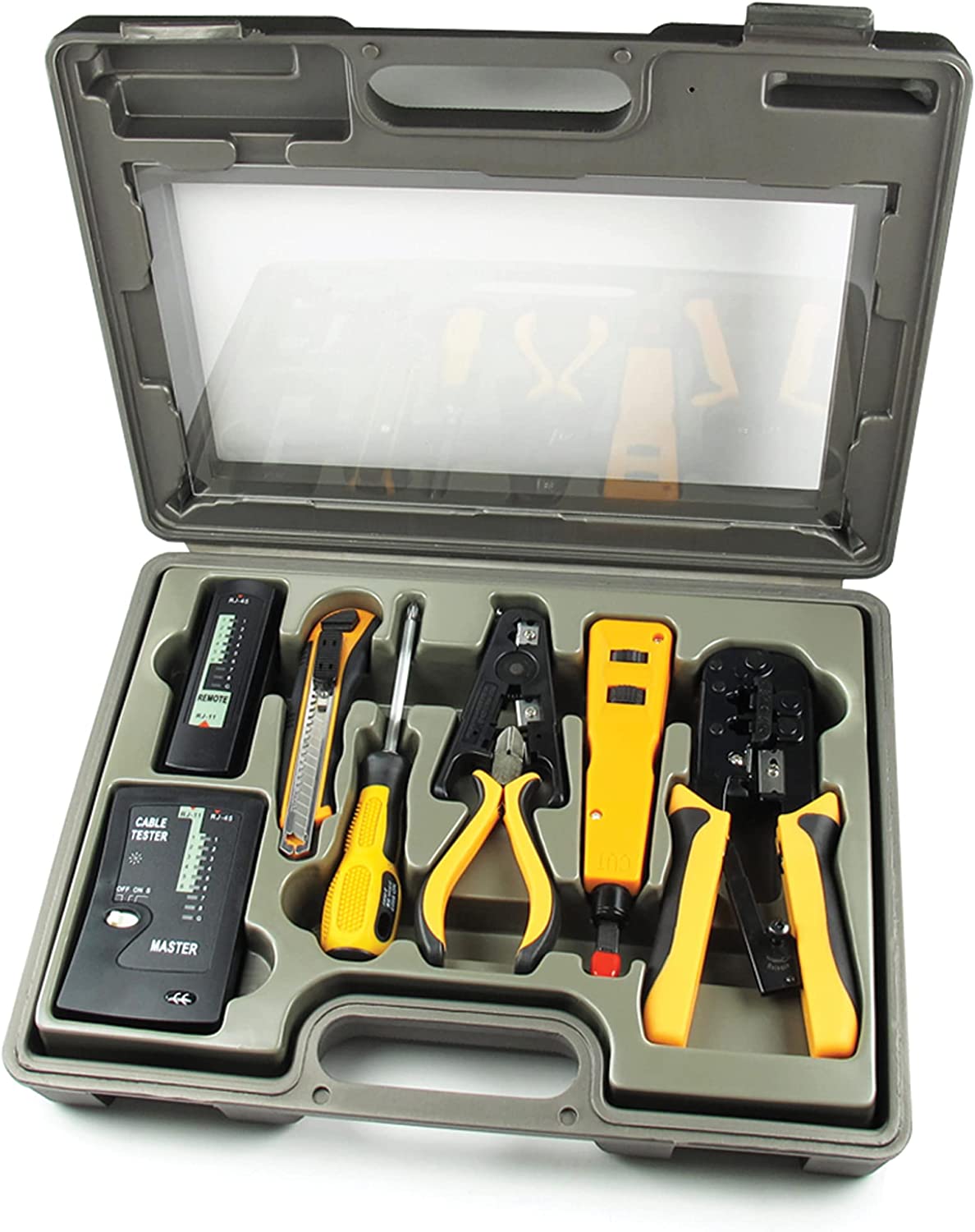 STK-988 10 in 1 Network Installation Tool Kit Cables Repair Maintenance Set, RJ45 and RJ11 Crimper, LAN Data Tester, 66 and /110 Punch Down, Stripper, Utility Knife, Screwdriver, and Hard Case