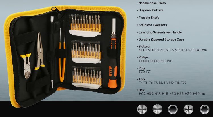 TO-STD-5835 35-piece multipurpose precision screwdriver set has everything you require for DIY projects: needle nose pliers, diagonal cutters, flexible shaft, tweezers, and more. Comes with a durable zippered storage case Contanet