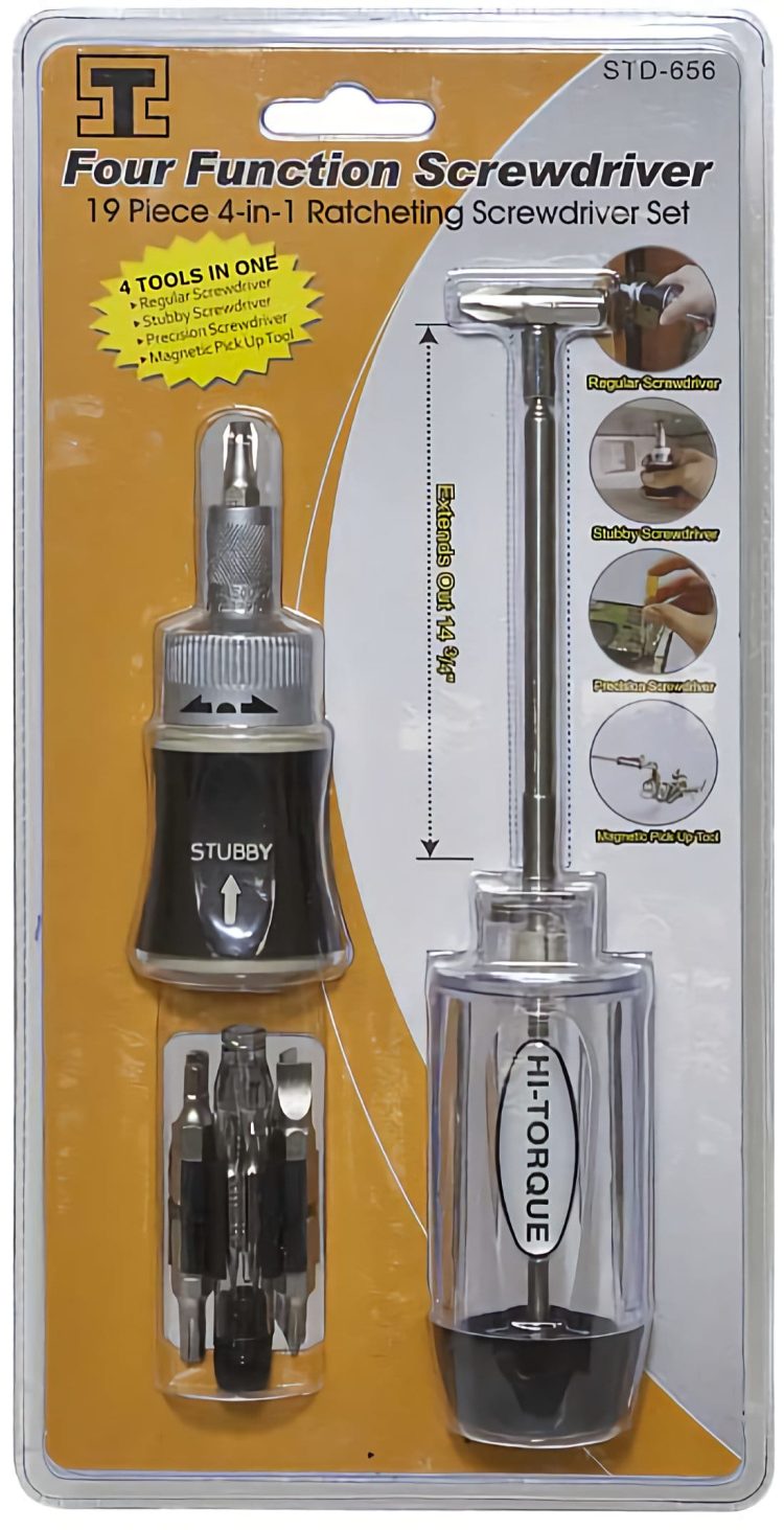 This TO-STD-656 19-piece multi-function ratchet screwdriver set includes regular and stubby screwdrivers, a magnetic pick-up tool, 11-bits, and 5 precision micro screwdrivers. Perfect for any DIY project, it has all the tools you need to get the job done.