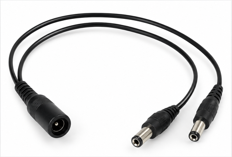 TR-PIGTAIL2 CCTV power pigtail 5-pack featuring 2.1mm 1-to-2 splitters with one female input and two male outputs for compatible 12VDC security camera power connections.