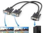 Telpix CB-VGA1-2 VGA splitter is connected to two monitors.