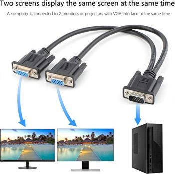 Telpix CB-VGA1-2 VGA splitter is connected to two monitors.