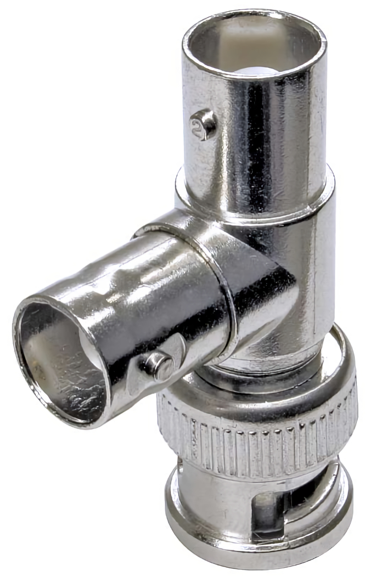 Telpix CN-SB021 RF/coaxial CN-SB021 Tee Adapter. Features Female to Female and Male jack connection, nickel-plated brass body, and PTFE insulator for 50 Ω impedance.