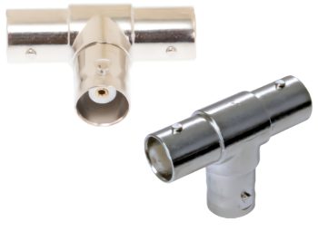 Telpix SB136 T Adapter. High-performance, cost-effective triple jack splitter with nickel-plated design. Connect two BNC cables to one BNC cable.