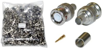 Telpix TB1104 BNC connectors. Made for RG59 coaxial cable, these high-grade connectors ensure a solid and lasting connection for your surveillance needs. Easy to use and trusted by professionals, get 100 pieces now!