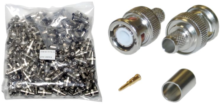 Telpix TB1104 BNC connectors. Made for RG59 coaxial cable, these high-grade connectors ensure a solid and lasting connection for your surveillance needs. Easy to use and trusted by professionals, get 100 pieces now!