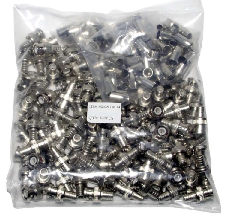 Telpix TB1104 BNC connectors. Made for RG59 coaxial cable, these high-grade connectors ensure a solid and lasting connection for your surveillance needs. Easy to use and trusted by professionals, get 100 pieces now!