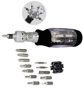 This TO-STD-651 15-In-1 Ratcheting Screwdriver Set Includes 11 Bits for Precision Driving, Plus a High Torque Ratchet and an Adaptor for Sockets. Perfect for any DIY Project Contents