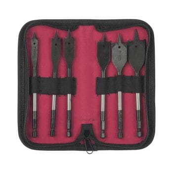 This TO-WBS-06 spade bit set is heavy duty guaranteed for strength, efficiency, and durability. Get maximum speed and clean holes with its fast start tip and deep flute paddle. 6 Slandered sizes,3/8″‚ 1/2″‚ 5/8″‚ 3/4″‚ 7/8″‚ and 1″ Opened.