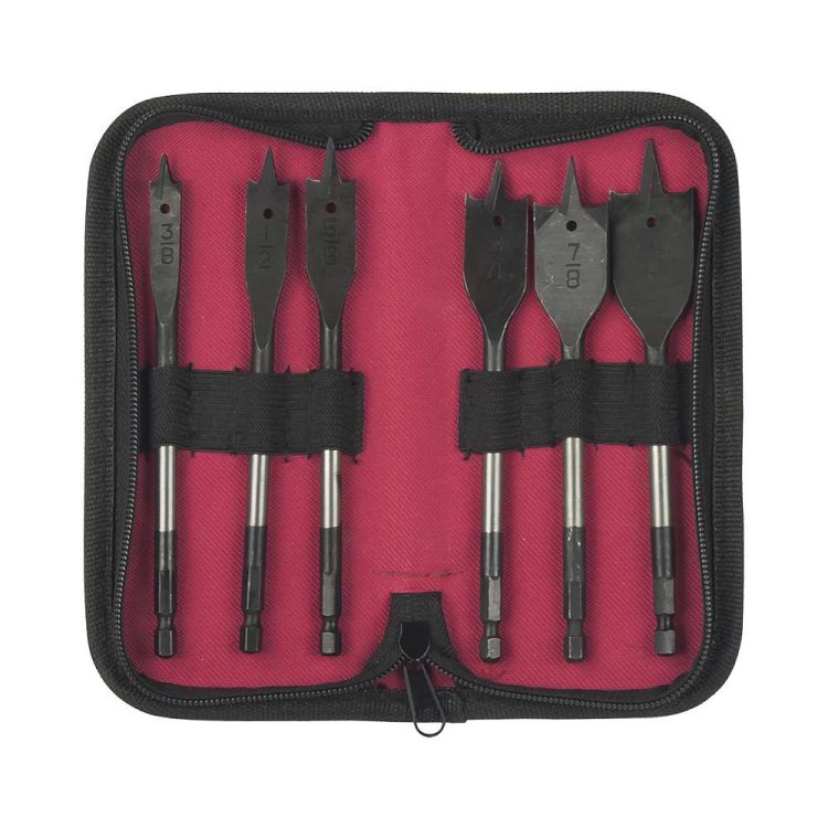 This TO-WBS-06 spade bit set is heavy duty guaranteed for strength, efficiency, and durability. Get maximum speed and clean holes with its fast start tip and deep flute paddle. 6 Slandered sizes,3/8″‚ 1/2″‚ 5/8″‚ 3/4″‚ 7/8″‚ and 1″ Opened.