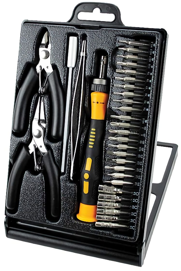 TO STD-5808 precision tool set has everything you need for fine electronic work 3.5" hip pliers 4" Long Pliers Tweezers Bit Head Holder 20 Mixed Bit Heads Ratchet Screwdriver Handle and a Plastic Storage Box