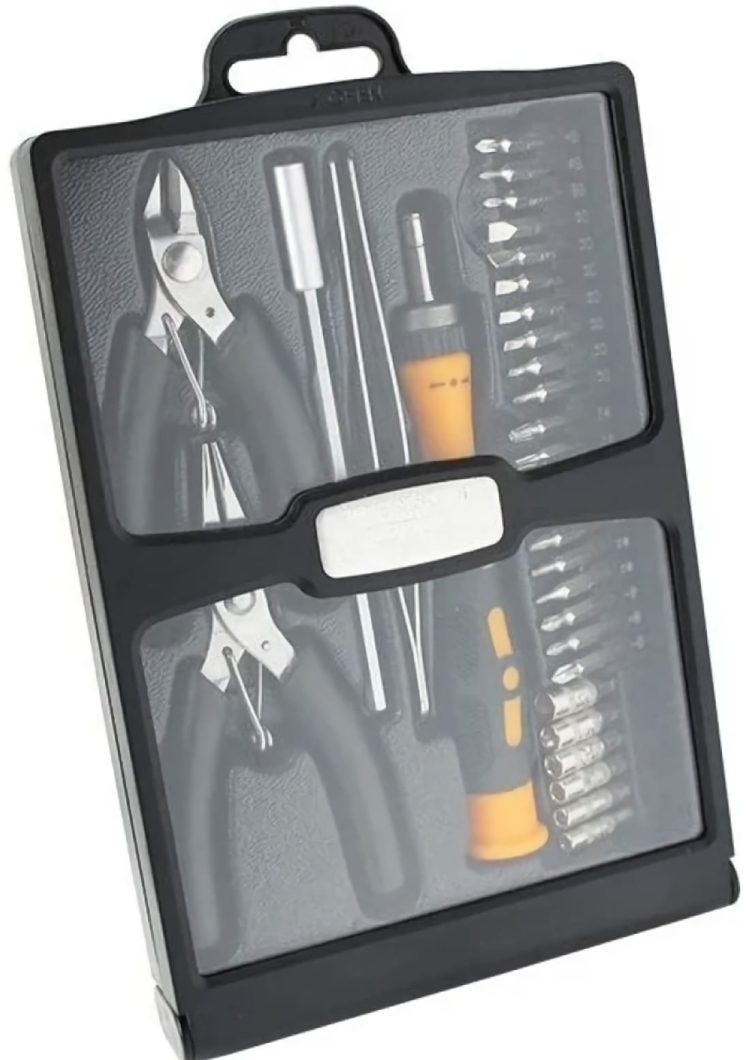 TO STD-5808 precision tool set has everything you need for fine electronic work 3.5" hip pliers 4" Long Pliers Tweezers Bit Head Holder 20 Mixed Bit Heads Ratchet Screwdriver Handle and a Plastic Storage Box Closed Box