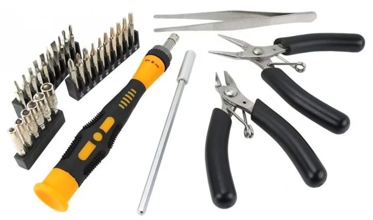 TO STD-5808 precision tool set has everything you need for fine electronic work 3.5" hip pliers 4" Long Pliers Tweezers Bit Head Holder 20 Mixed Bit Heads Ratchet Screwdriver Handle and a Plastic Storage Box Contanet